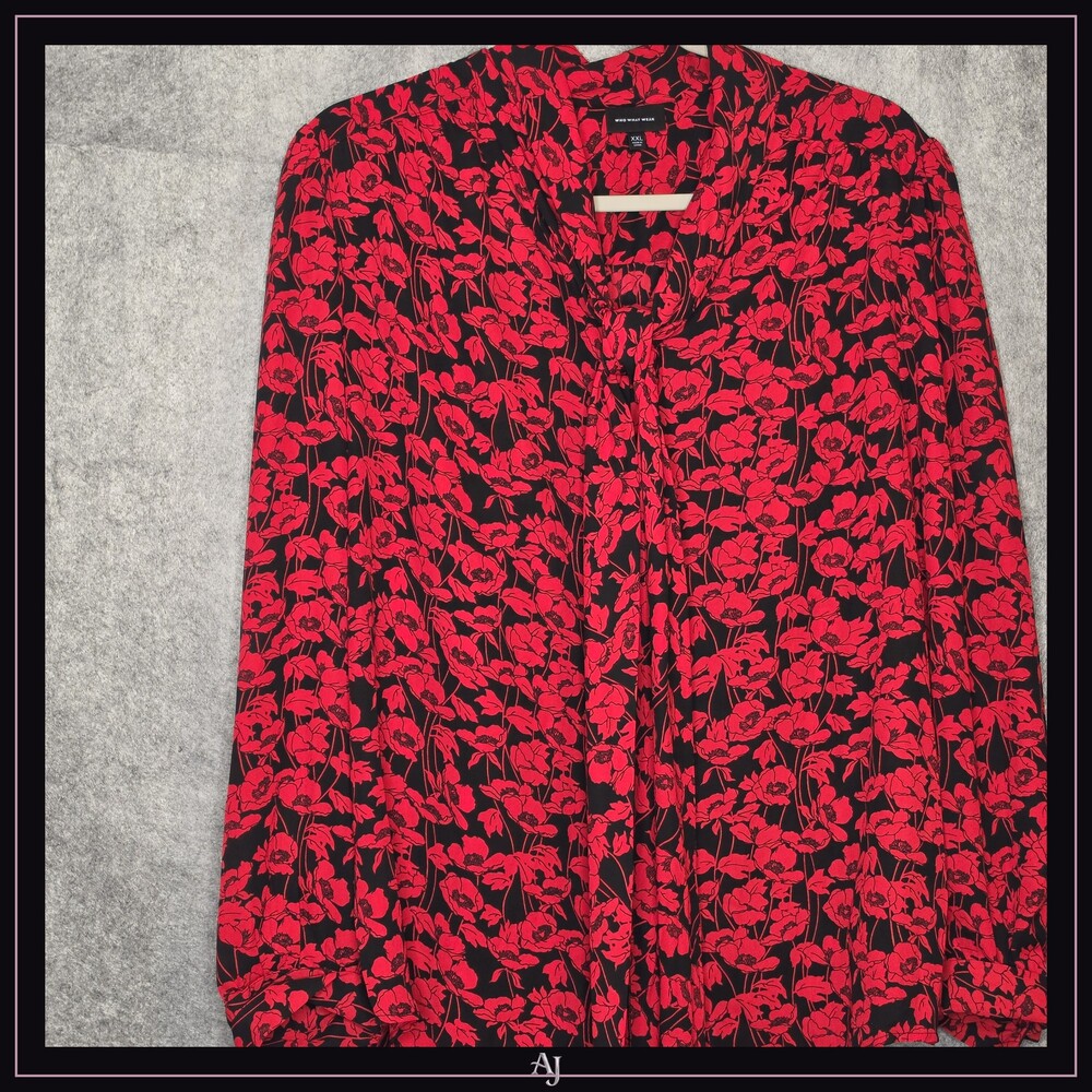 Who What Wear XXL Black Red Floral Polyester Blouse Button Front